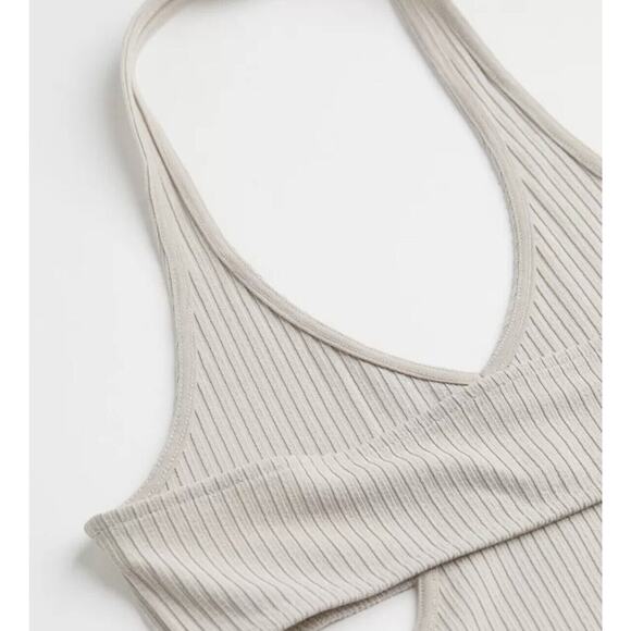 Divided H&M Beige Ribbed Halterneck Dress Sz XS Midi Fitted Open Back V-Neck NEW - Picture 6 of 12